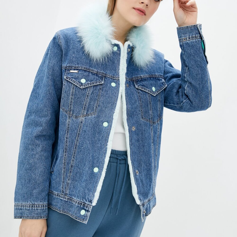 NWT DASTI Women's Sherpa Trucker Collar Jacket – Blue Denim & Mint Sherpa
